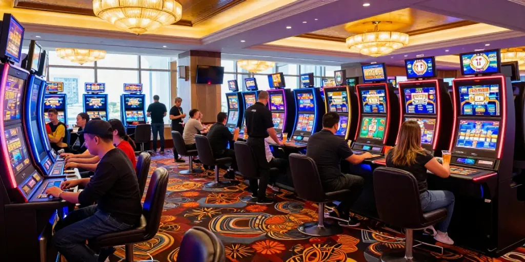 Players enjoying the excitement of credit card casino sites in a lively, illuminated gaming floor.