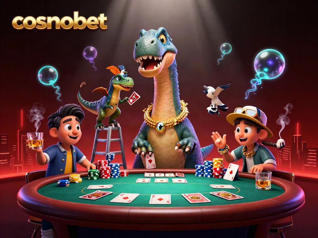 Win big at Cosmobet with a vibrant casino scene featuring a unique dinosaur and raptor dealer.