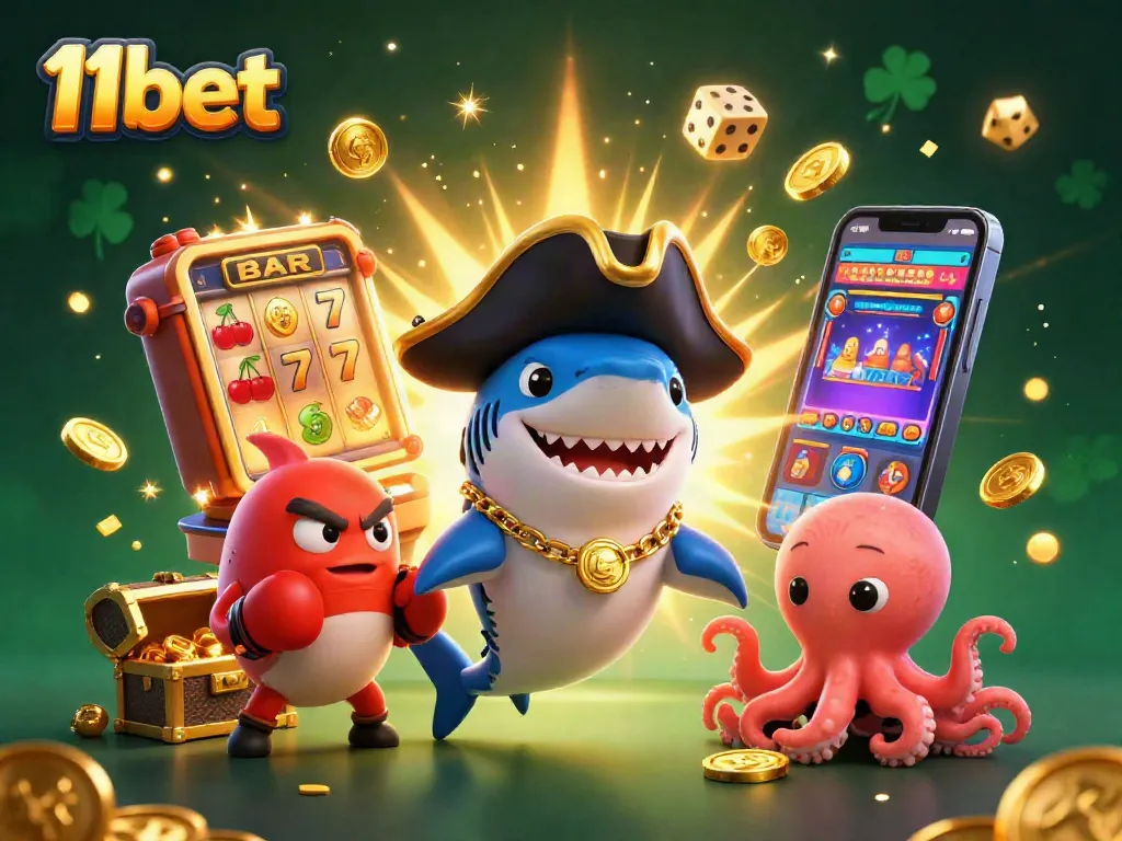 Win big with 11bet in this vibrant 3D casino scene filled with action, coins, and excitement.