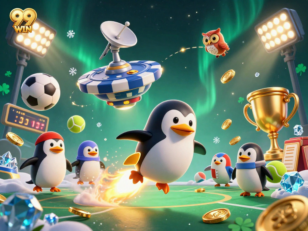 Experience thrilling gameplay at 99WIN with golden coins soaring as a penguin approaches a cosmic casino.