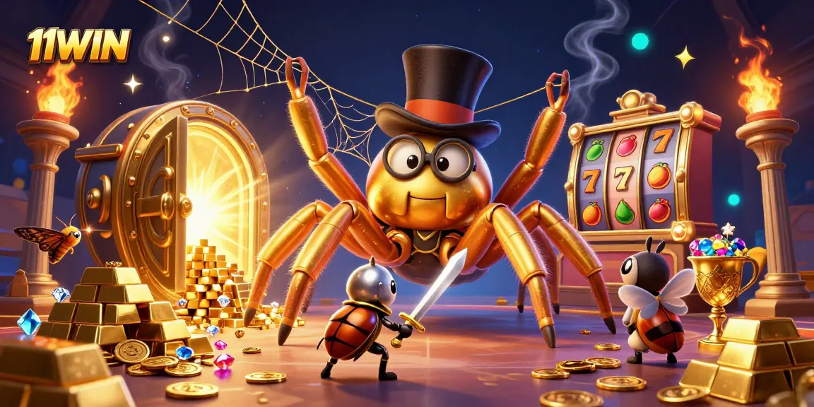 11WIN showcases a cartoon scene with a golden tarantula weaving through slot elements.