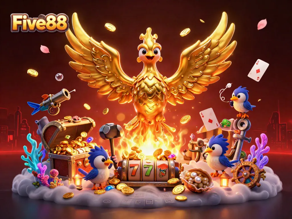 Experience immersive gaming with Five88's golden phoenix and dynamic slot elements.