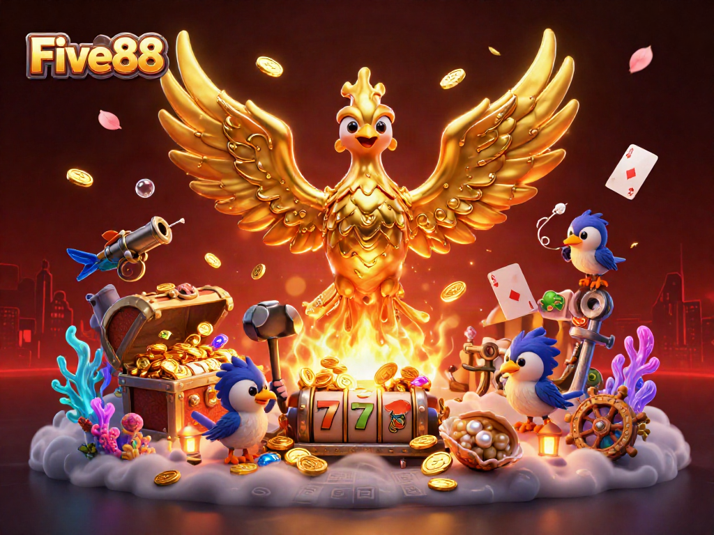 Experience immersive gaming with Five88's golden phoenix and dynamic slot elements.