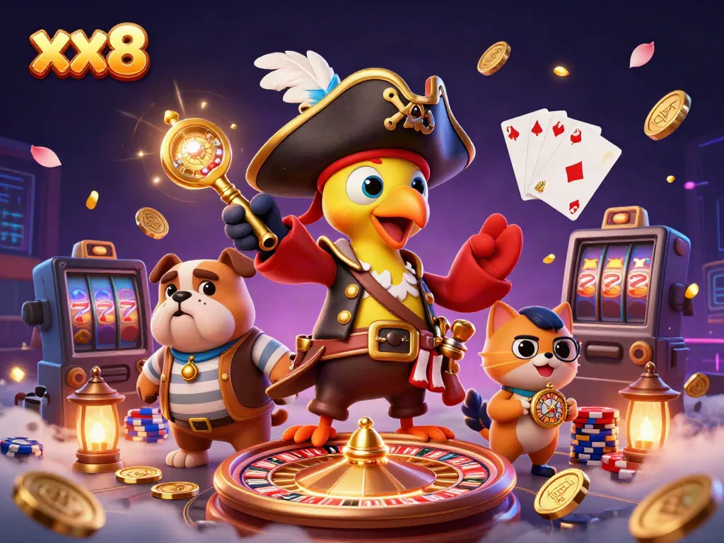 Experience the xx8 casino adventure with a pirate captain and his crew among dazzling game elements.
