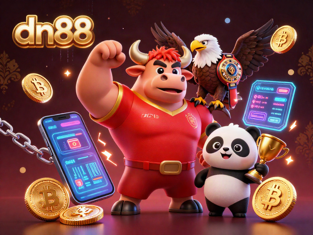 Win big at dn88 with a fun 3D bull mascot and friends celebrating casino victories.