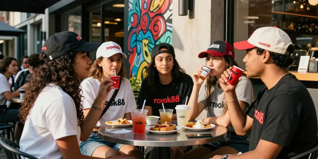 Young adults enjoying rokok88 merchandise in a vibrant urban café.