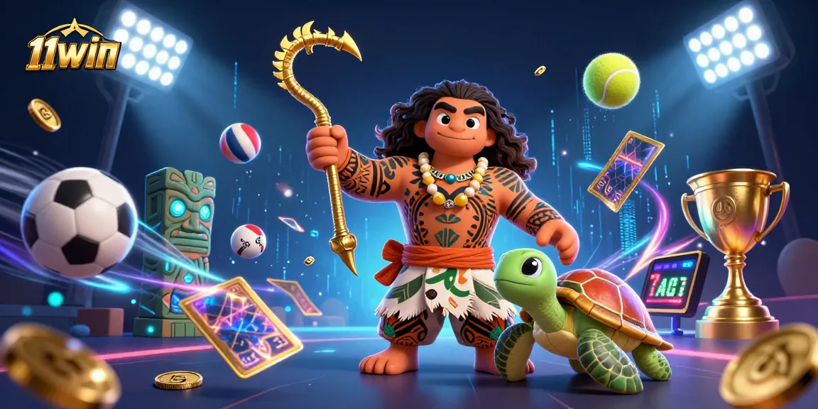 Elevate your gameplay with 11WIN's dynamic casino scene of sports excitement and vibrant characters.