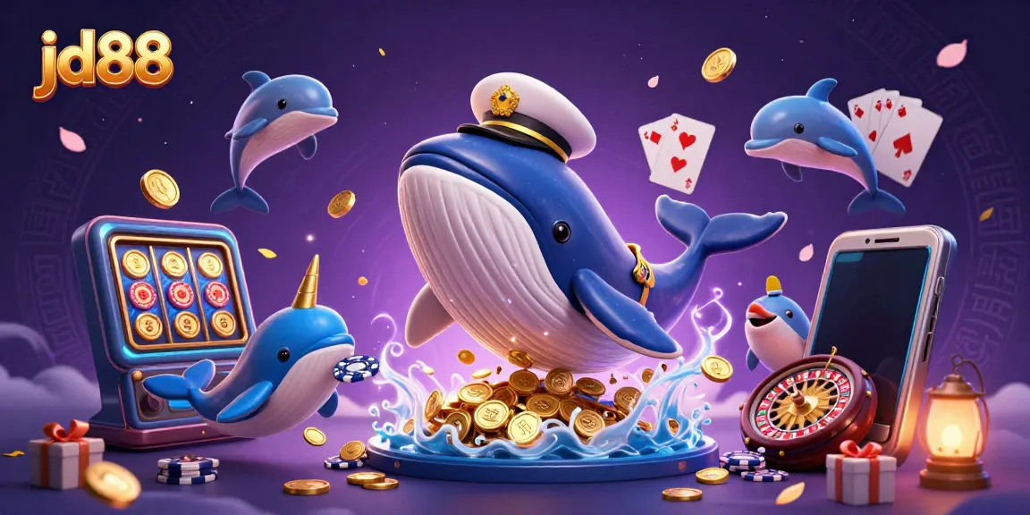 Engage with jd88 as a whale wearing a captain's coat breaches coins, showcasing vibrant casino elements.