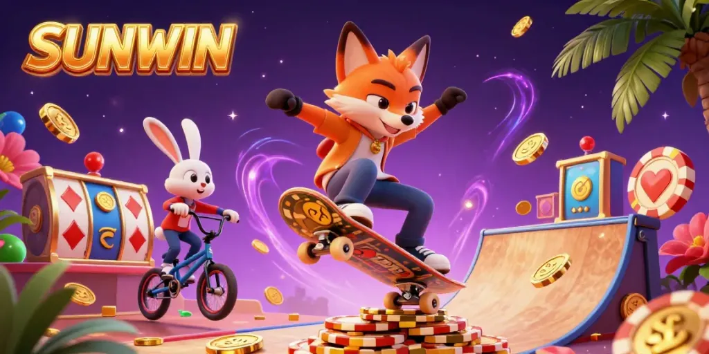SUNWIN showcases a thrilling 3D scene with a skateboarder fox and BMX rabbit, rich casino elements, and vibrant action.
