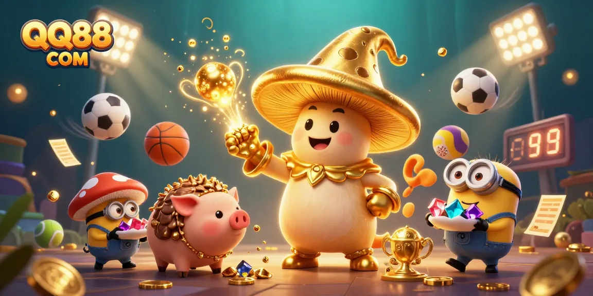 Experience the thrill of betting with QQ88 COM amidst enchanting gaming elements in a vibrant scene.
