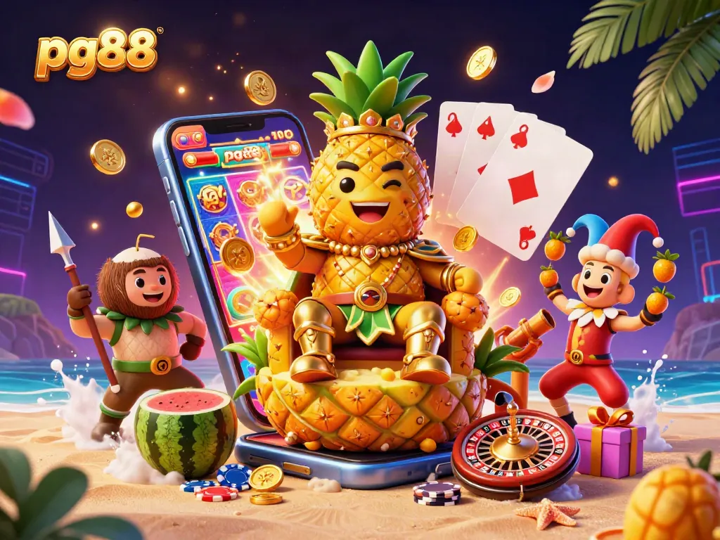 Experience the thrill of winning at pg88 with a vibrant 3D casino scene featuring a golden pineapple king.