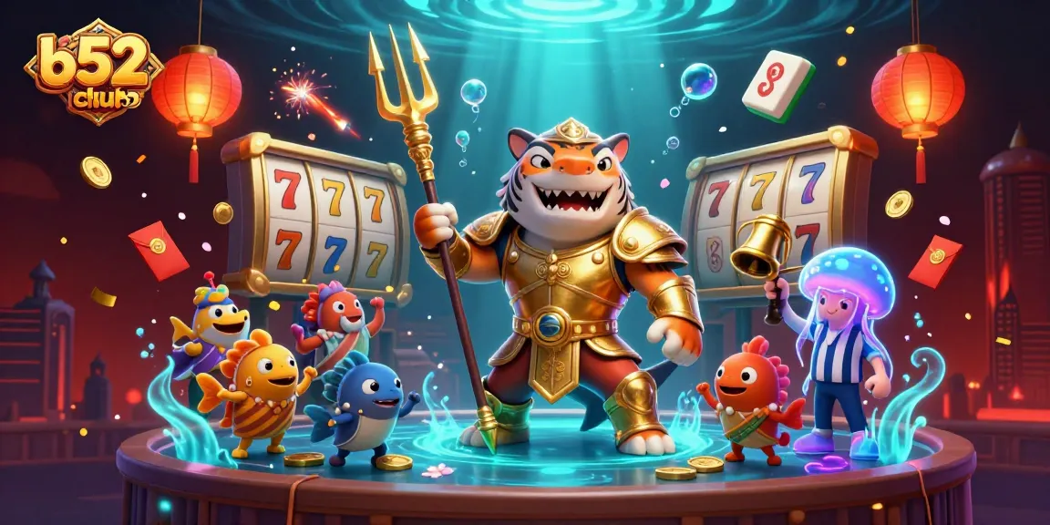 Experience exciting wins at b52club with a dynamic underwater casino scene featuring a fierce shark.