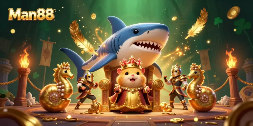 Experience thrilling Man88 casino action with a royal hamster king commanding a dynamic gambling arena.