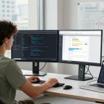 Building internal tools with AI in a modern workspace featuring dual monitors, coding sessions, and collaboration.