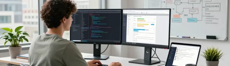 Building internal tools with AI in a modern workspace featuring dual monitors, coding sessions, and collaboration.