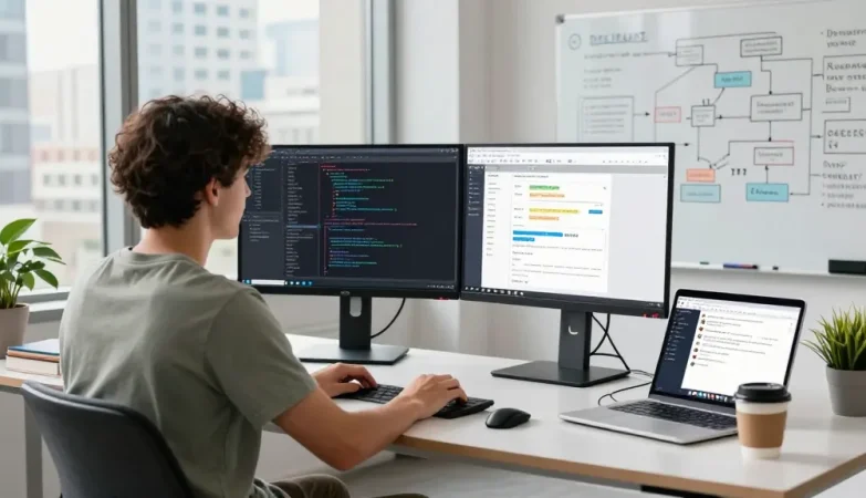 Building internal tools with AI in a modern workspace featuring dual monitors, coding sessions, and collaboration.